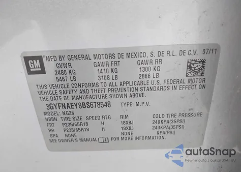 2011 Cadillac Srx Luxury Collection z USA, uszkodzony, nr VIN 3GYFNAEY8BS678548